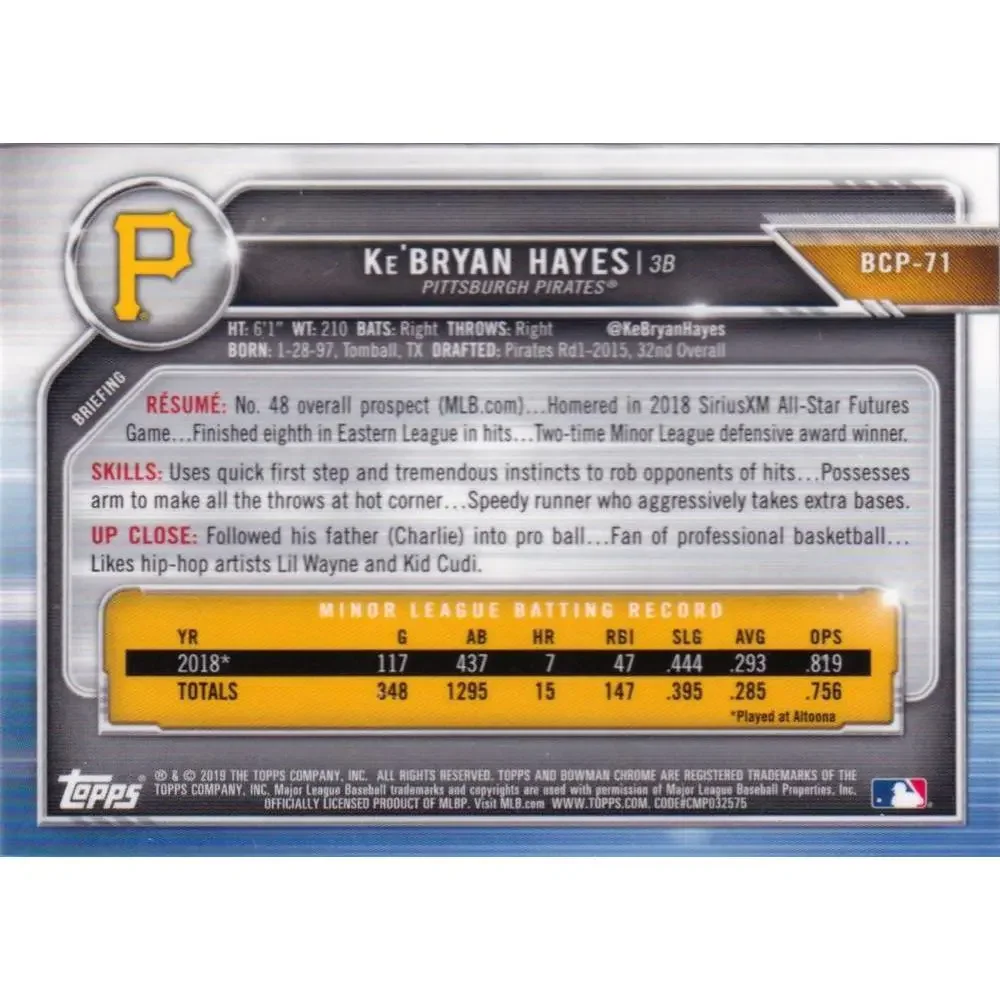 2019 Bowman Prospects Ke'Bryan Hayes #BP-71 Pittsburgh Pirates